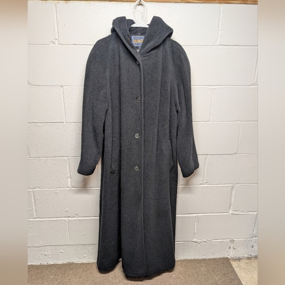 Pendleton Black Womens Long Hooded Winter Coat XL Virgin Wool Blend Button Front - Picture 1 of 9